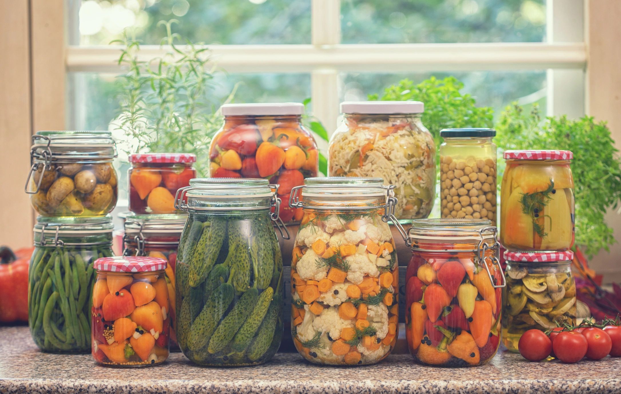 Jars of fermented vegetables on a kitchen counter